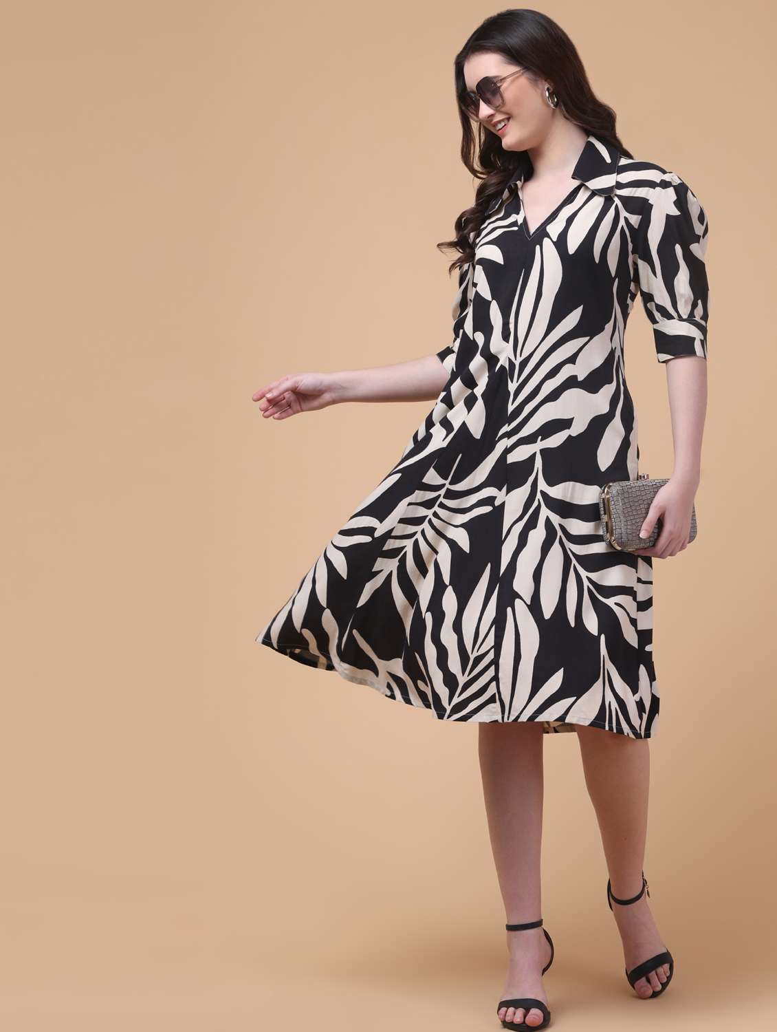women black printed puff sleeve a-line dress - 21975507 - Standard Image - 2