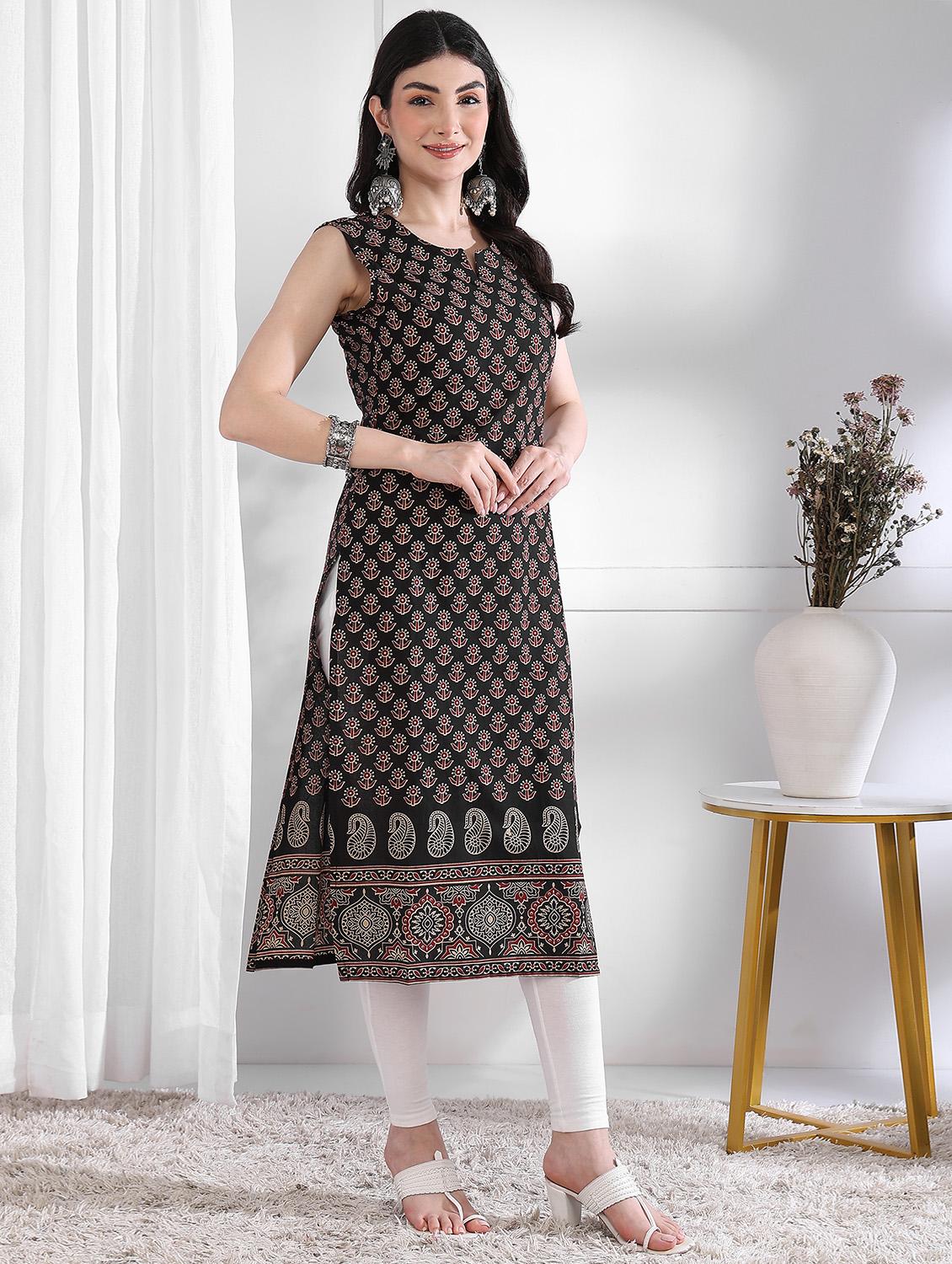 women printed sleeveless straight kurta - 21975786 - Standard Image - 2