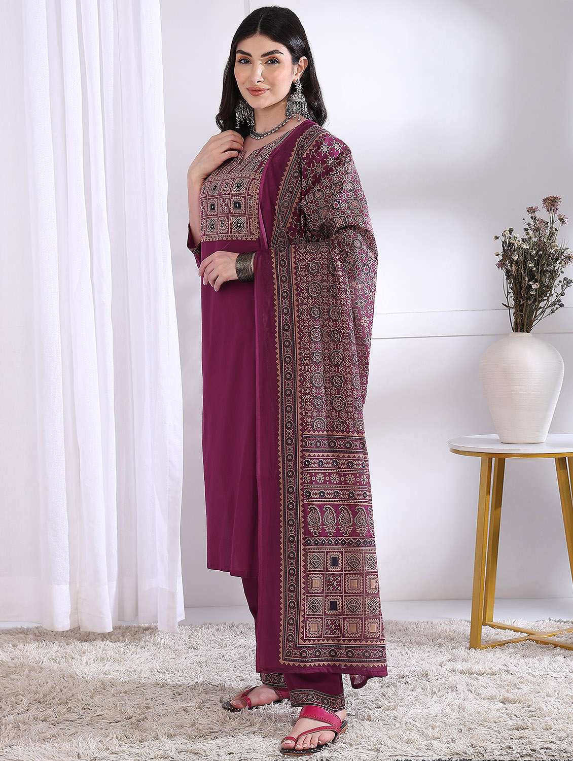 women three quarter sleeve kurta palazzo with dupatta set - 21975797 -  Standard Image - 2
