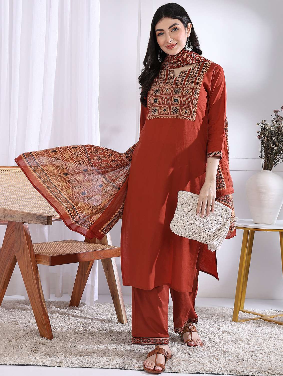 women three quarter sleeve kurta palazzo with dupatta set