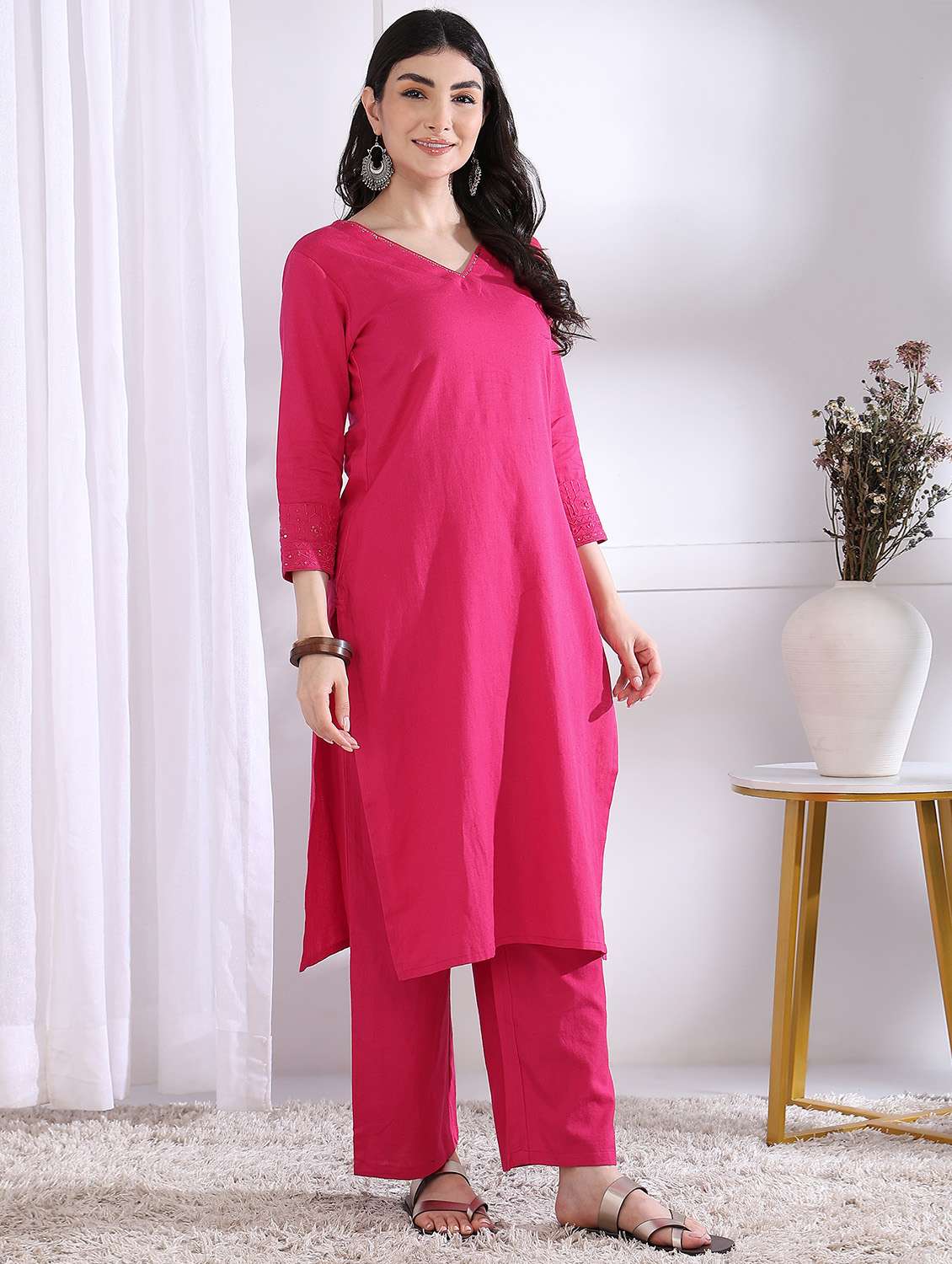 women solid three quarter sleeve kurta palazzo set - 21975803 -  Standard Image - 2