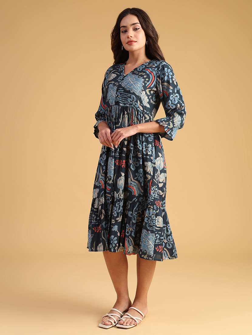 women printed three quarter sleeve tiered dress - 21975834 -  Standard Image - 2