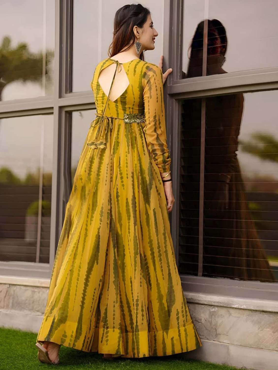 women printed long sleeve flared gown - 21976178 - Standard Image - 2