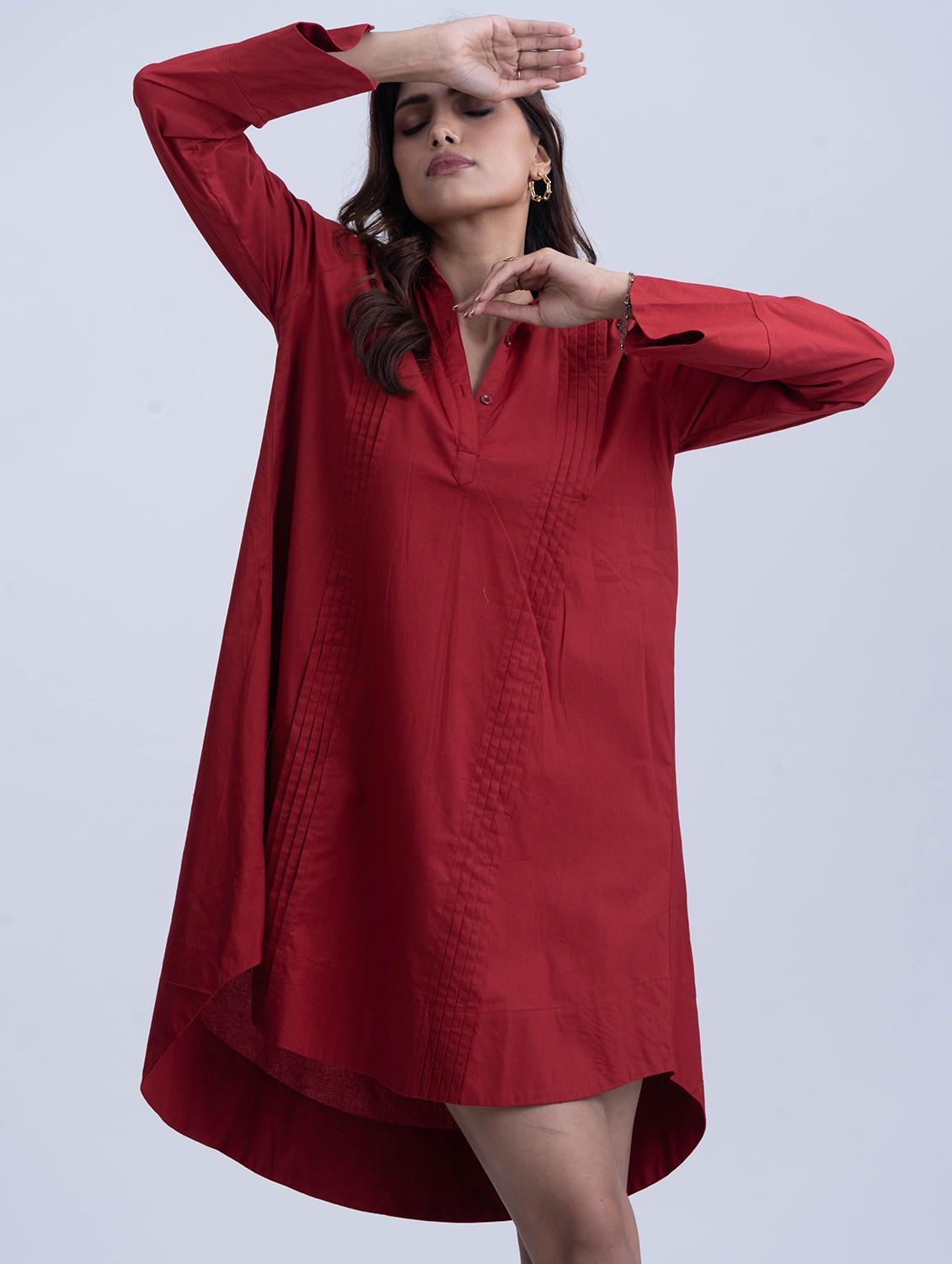 women solid collared long sleeve high low dress - 21976208 - Standard Image - 2