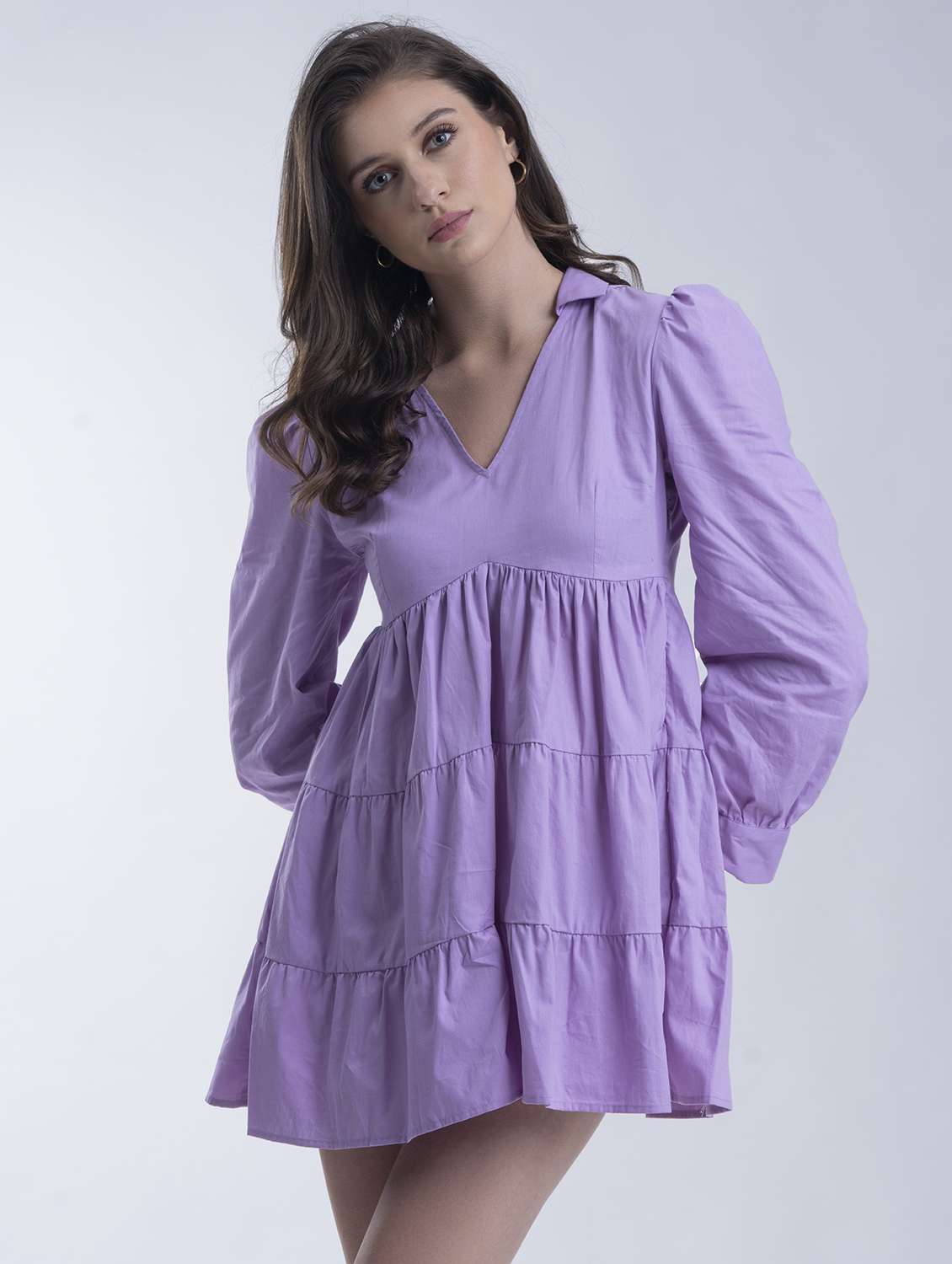 women lavender solid puff sleeve tiered dress