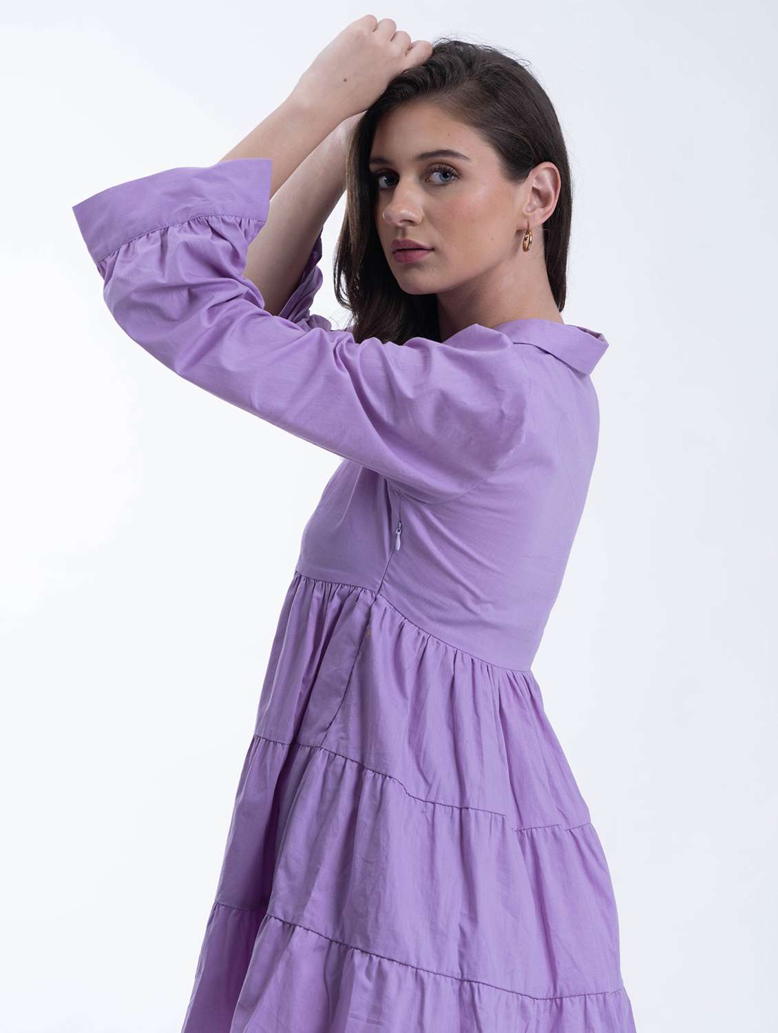 women lavender solid puff sleeve tiered dress - 21976213 - Standard Image - 2