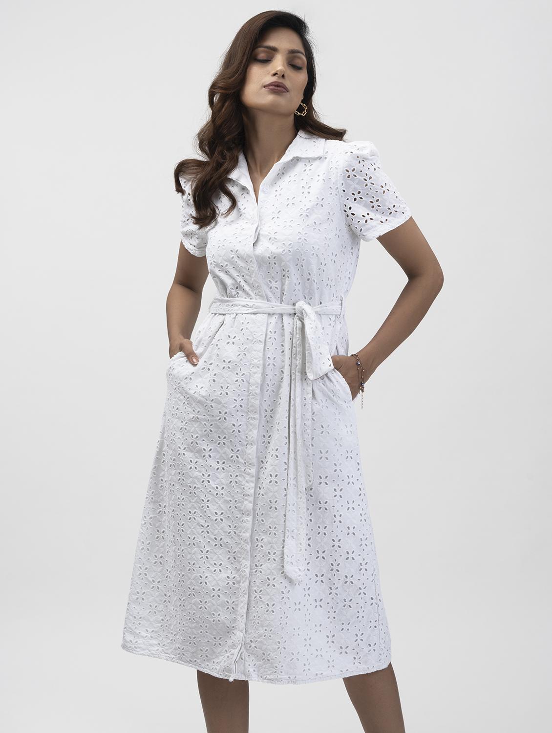 white self designed collared schiffli a-line dress - 21976216 -  Zoom Image - 0