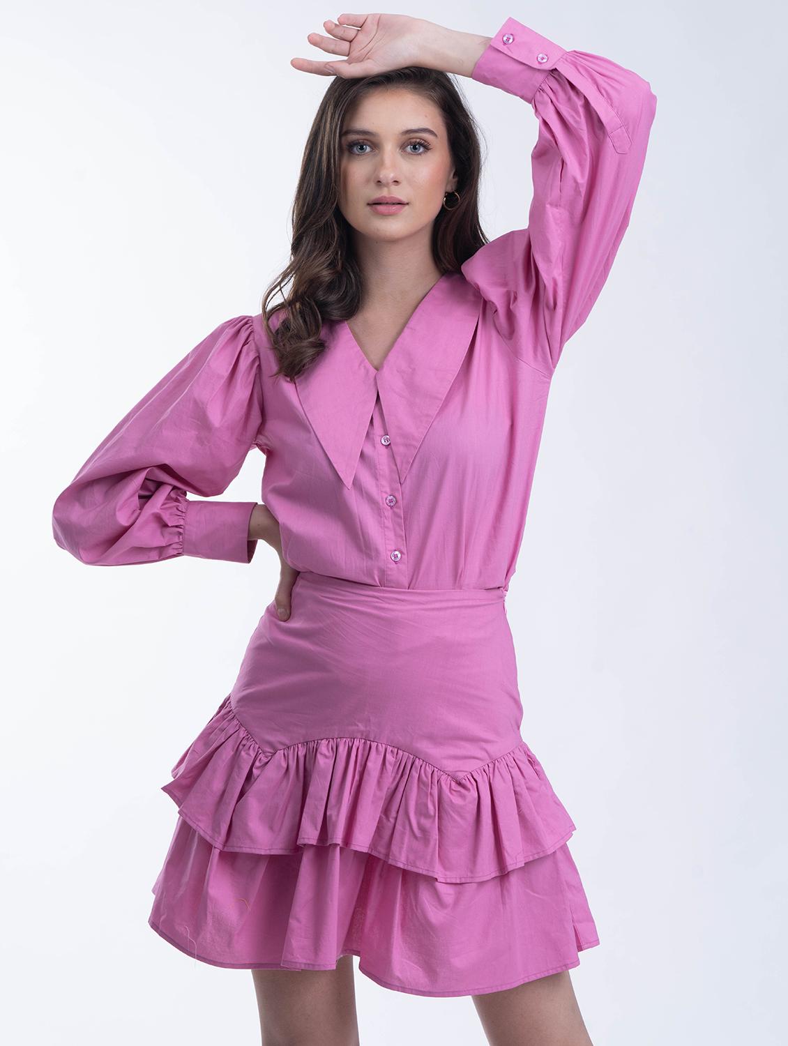 women pink solid puff sleeve layered dress - 21976227 - Standard Image - 2