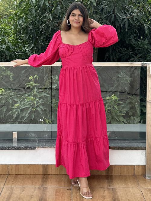 women pink solid puff sleeve tiered dress - 21976230 - Standard Image - 0