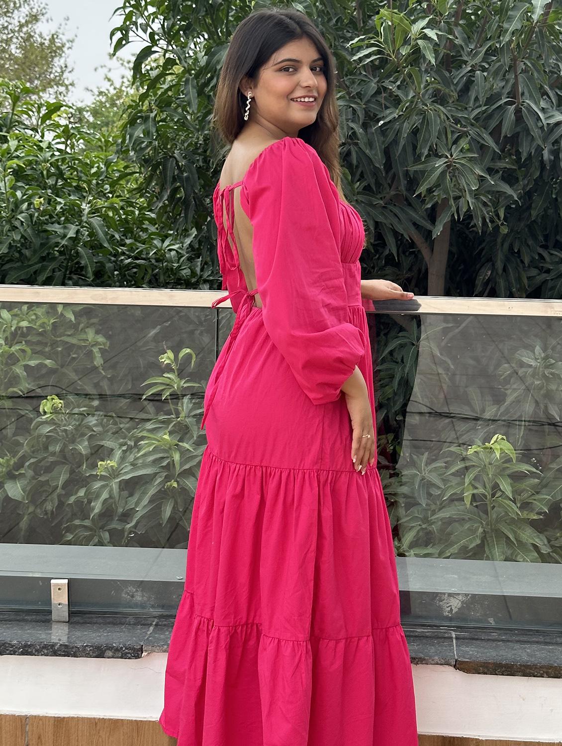 women pink solid puff sleeve tiered dress - 21976230 - Standard Image - 2