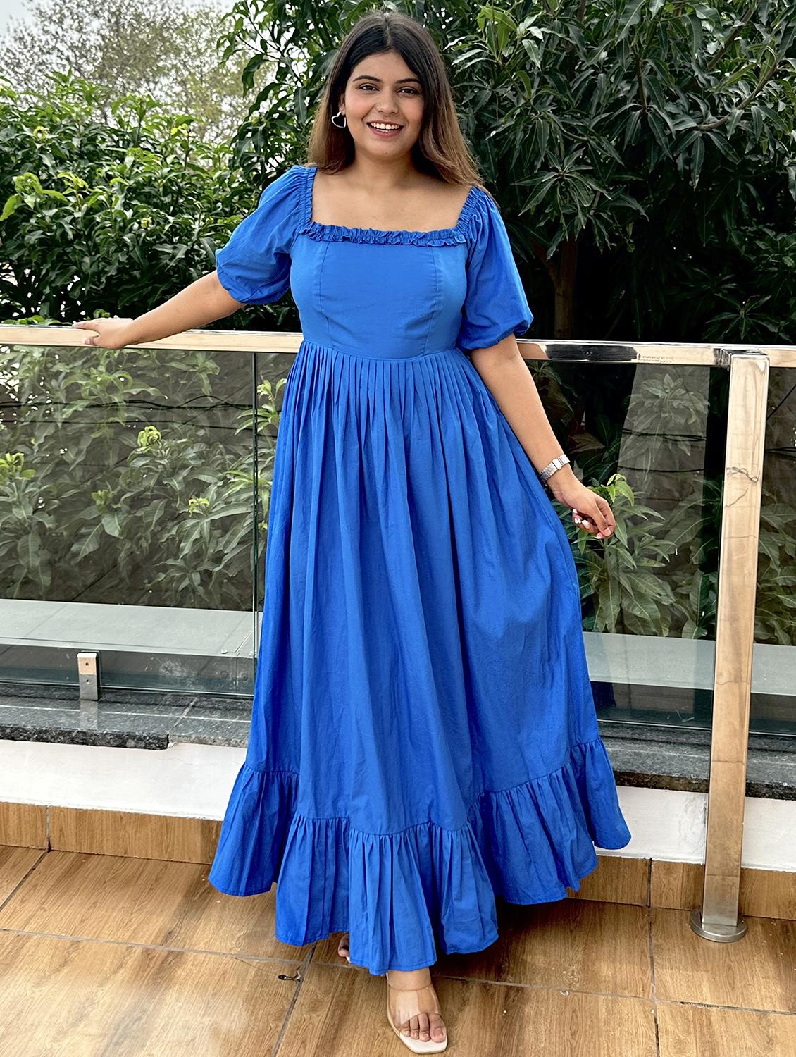 women blue solid puff sleeve tiered dress - 21976231 - Zoom Image - 0