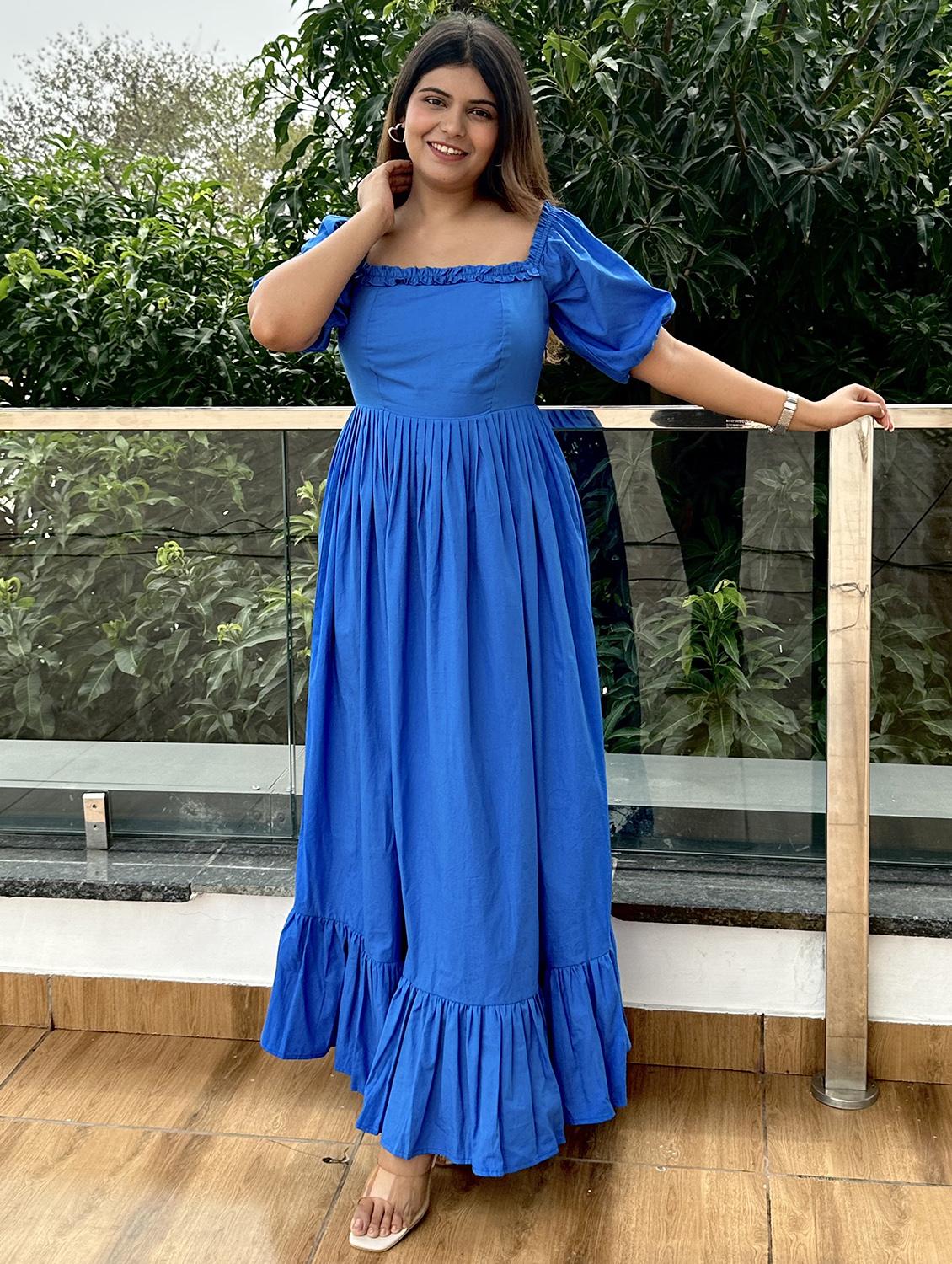 women blue solid puff sleeve tiered dress - 21976231 - Standard Image - 2