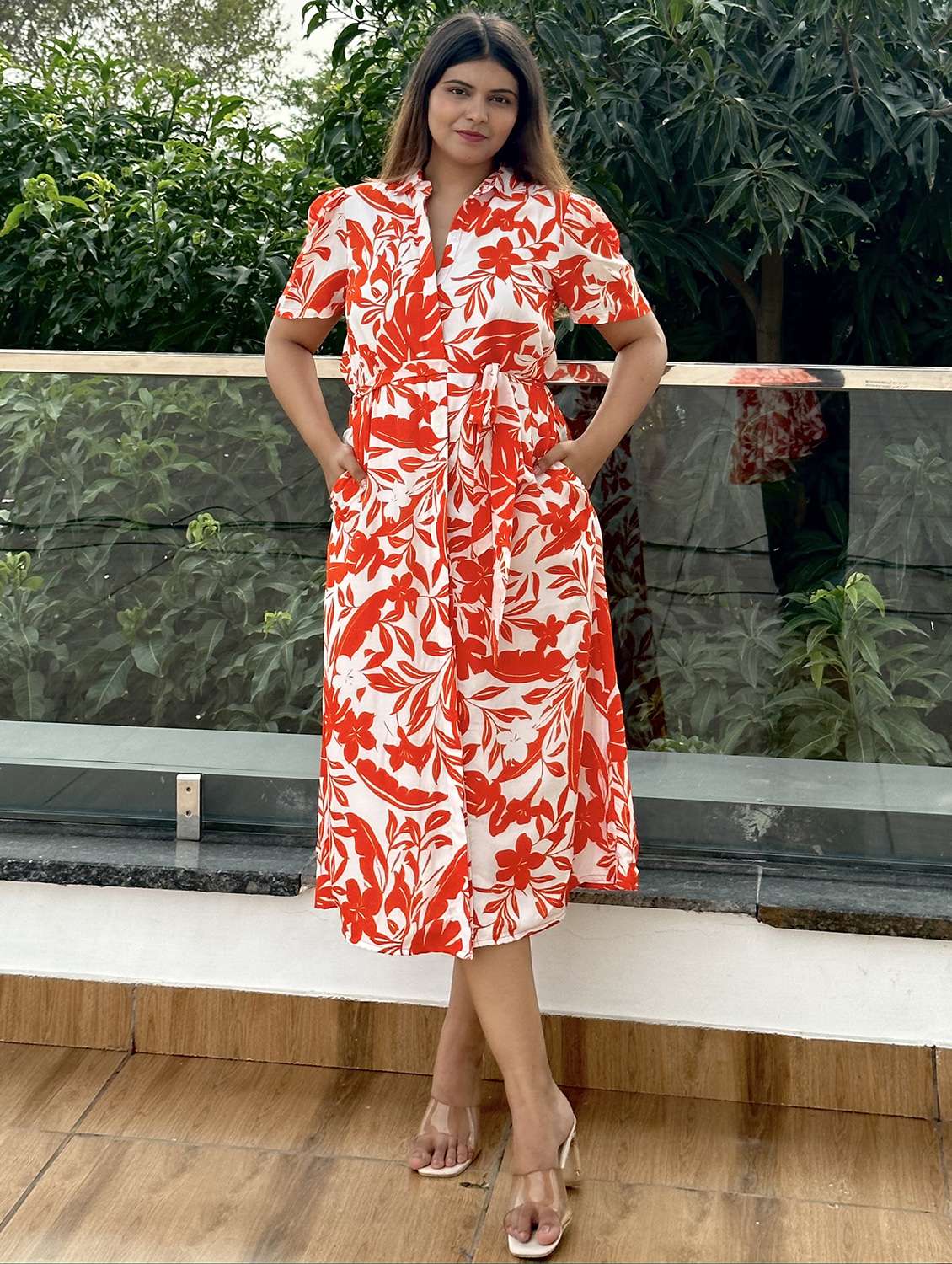 women printed puff sleeve collared shirt dress