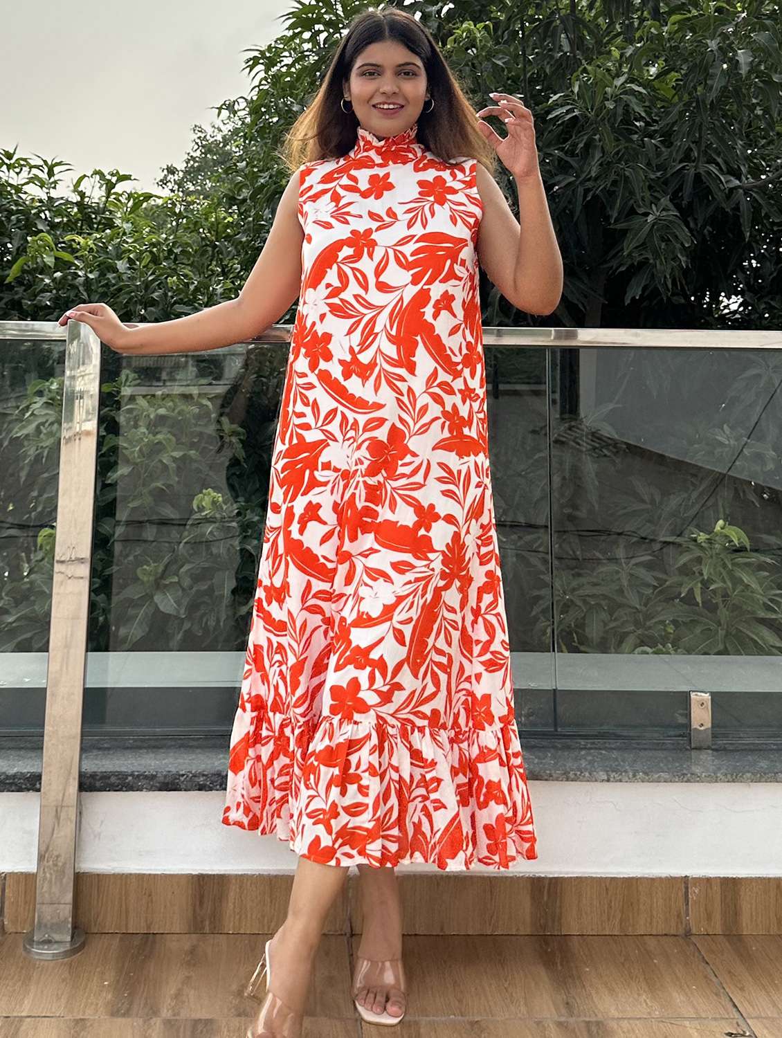 women printed high neck sleeveless a-line dress