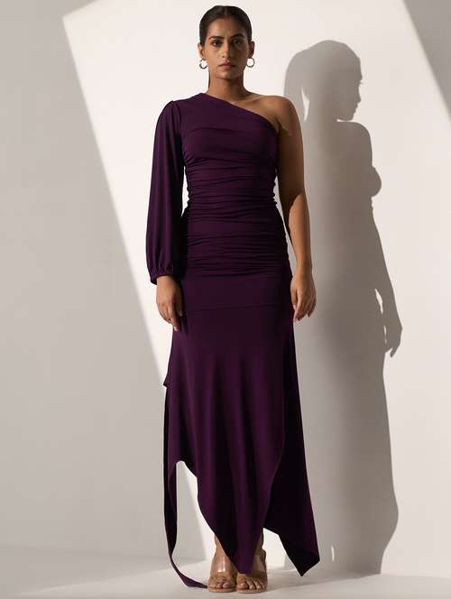 women solid single shoulder asymmetric dress - 21976236 -  Standard Image - 0