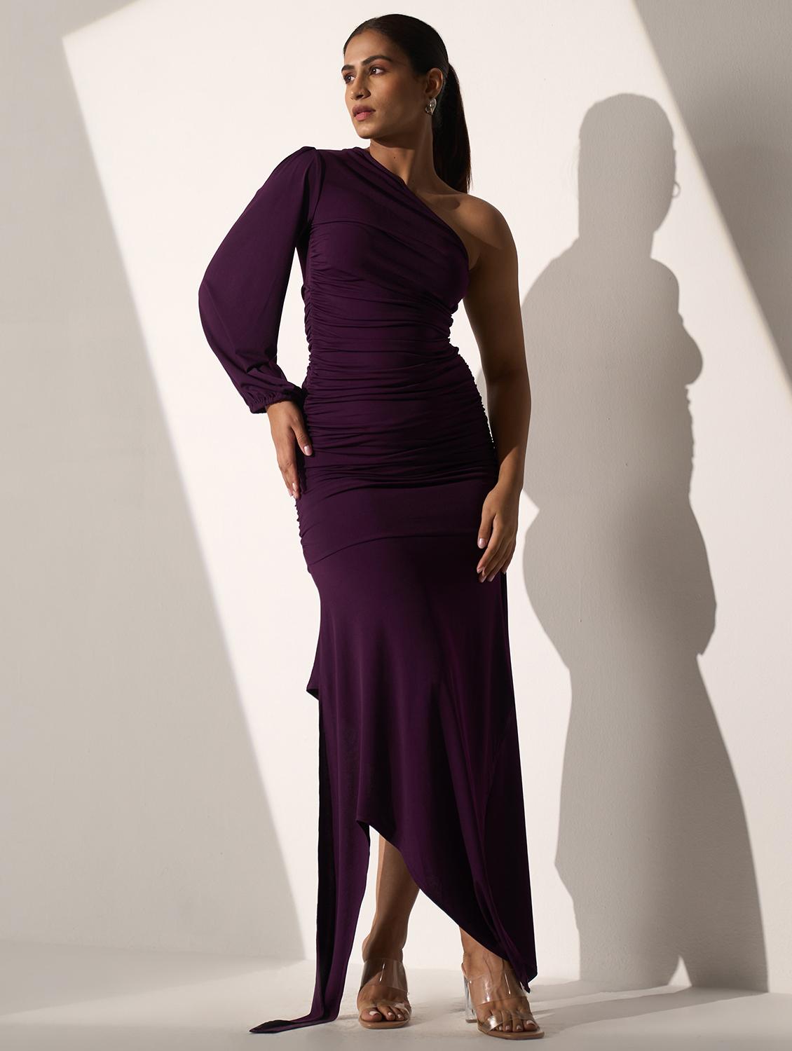 women solid single shoulder asymmetric dress - 21976236 - Standard Image - 2