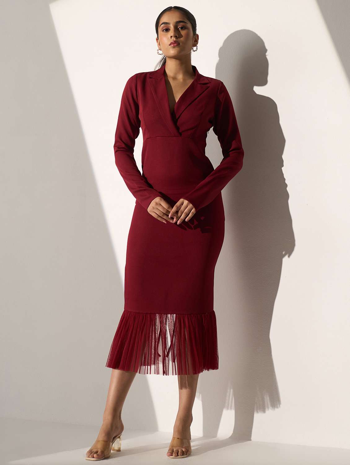 women maroon solid long sleeve tiered dress - 21976239 -  Zoom Image - 0