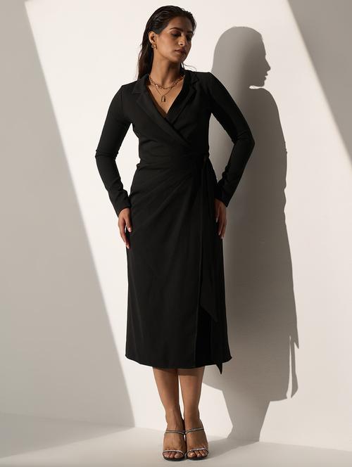 women black solid long sleeve wrap dress - 21976241 -  Standard Image - 0