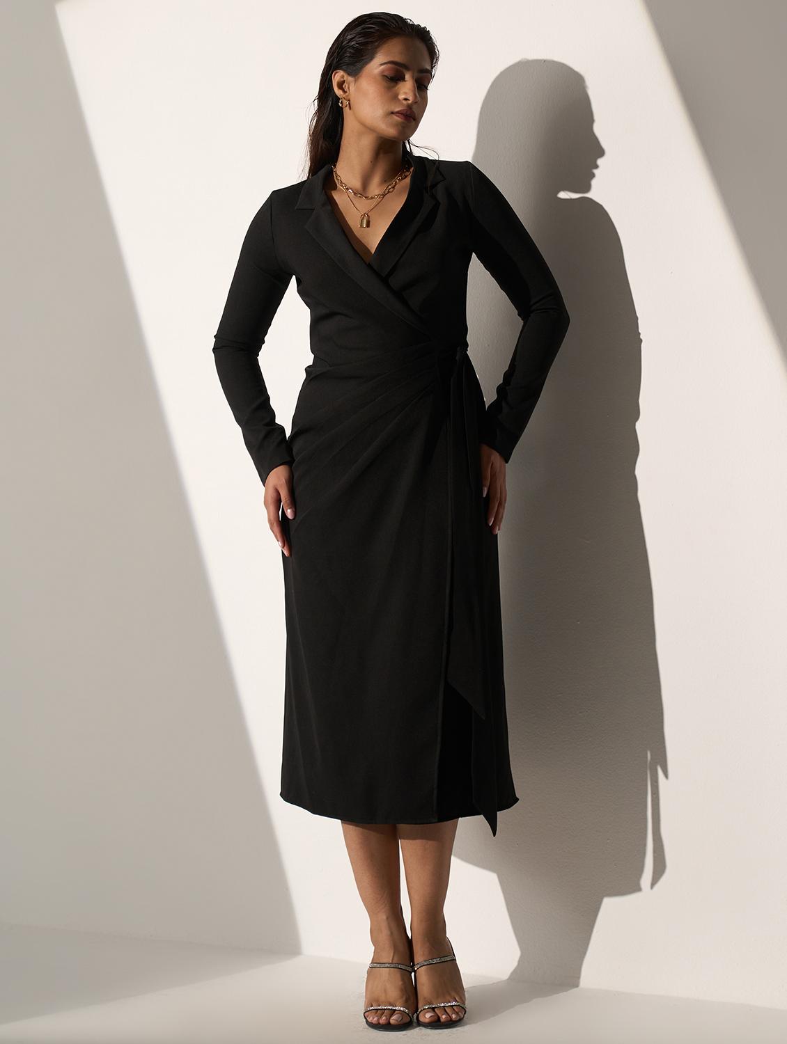 women black solid long sleeve wrap dress - 21976241 -  Zoom Image - 0