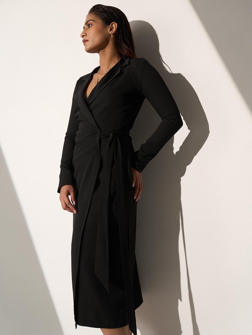 women black solid long sleeve wrap dress - 21976241 - Standard Image - 2
