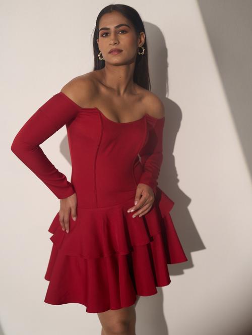 women red off shoulder long sleeve layered dress - 21976242 - Standard Image - 0