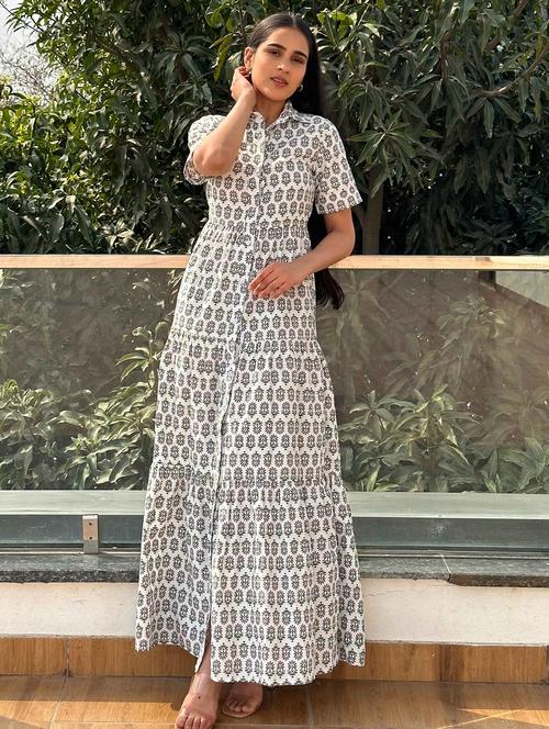 women printed short sleeve tiered maxi dress - 21976255 - Standard Image - 0