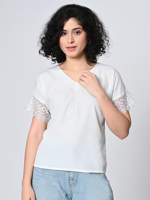 women solid short sleeve lace detailed regular top - 21976316 - Standard Image - 0