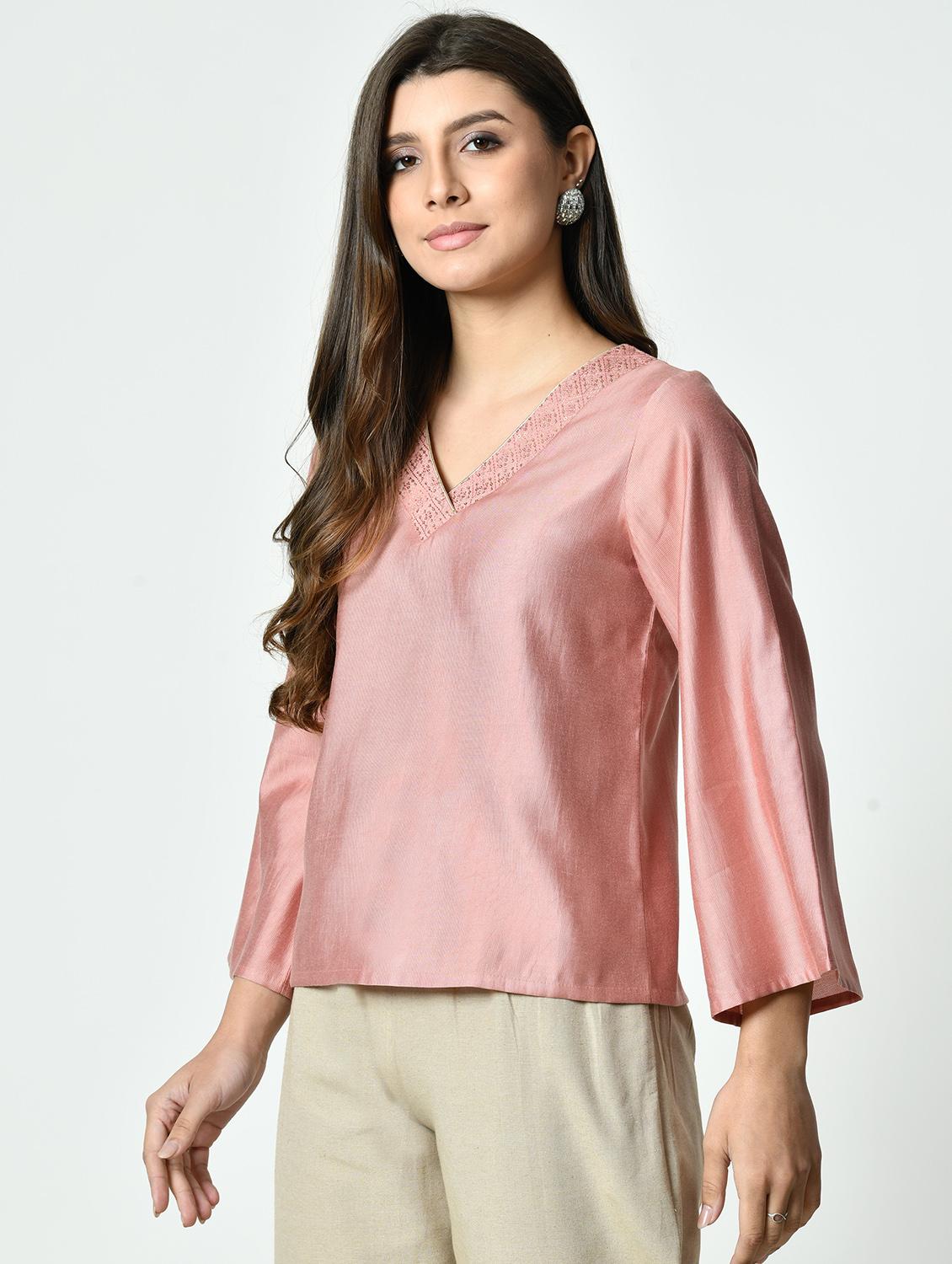 women pink solid bell sleeve regular top - 21976323 - Standard Image - 2