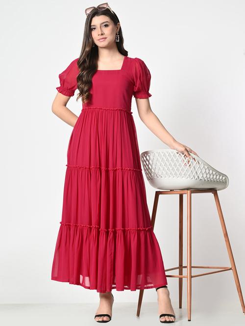 women solid puff sleeve tiered maxi dress - 21976371 - Standard Image - 0