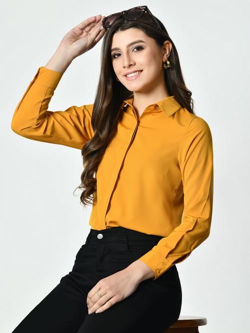 women yellow solid collared long sleeve shirt - 21976373 - Standard Image - 0
