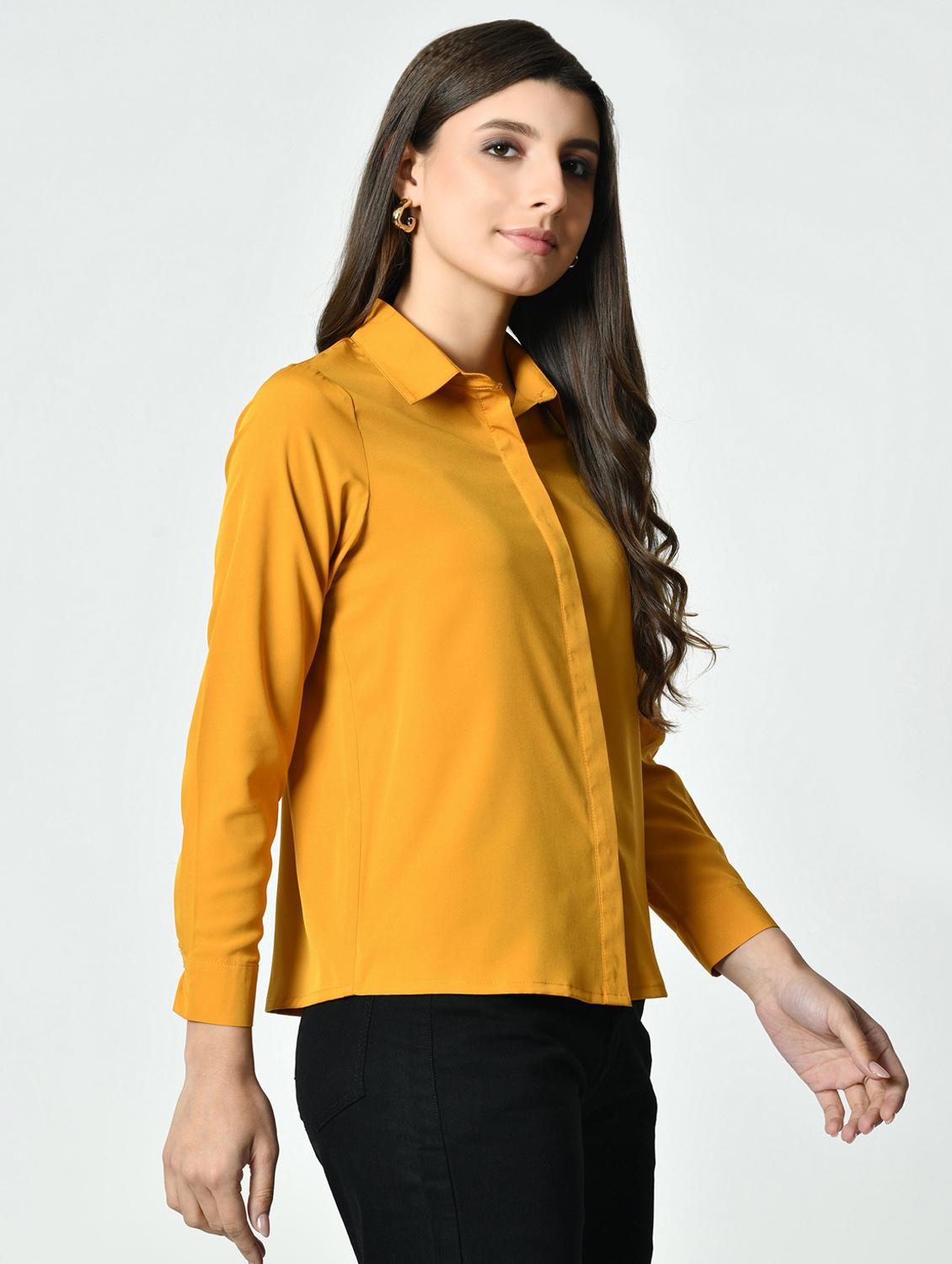 women yellow solid collared long sleeve shirt - 21976373 - Standard Image - 2