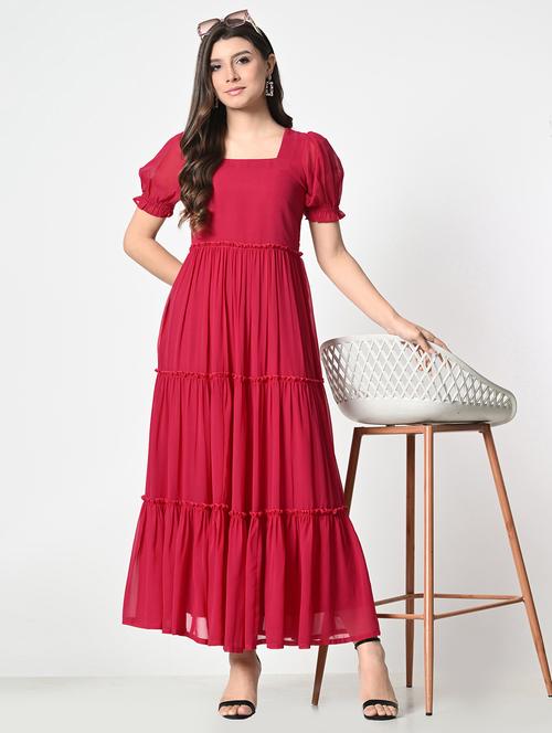 women solid puff sleeve tiered maxi dress - 21976376 -  Standard Image - 0