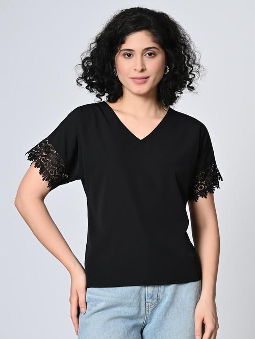 women black solid laec detailed regular top - 21976377 - Standard Image - 0