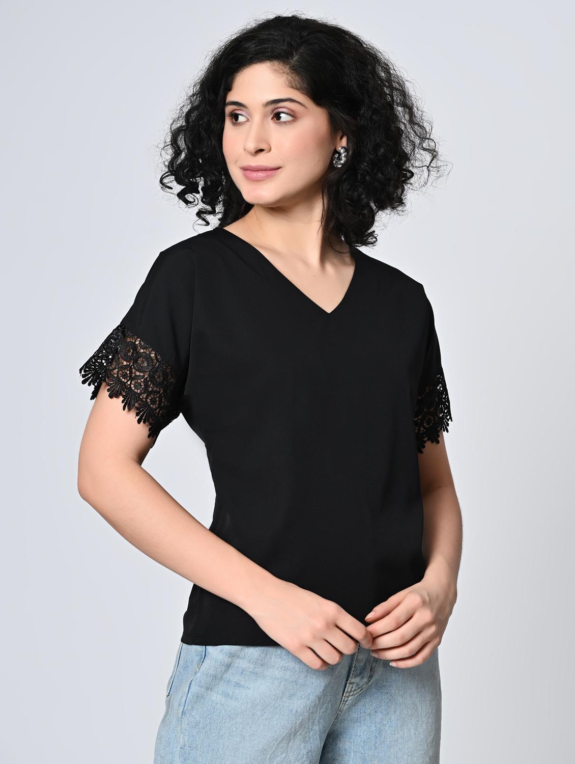 women black solid laec detailed regular top - 21976377 - Standard Image - 2