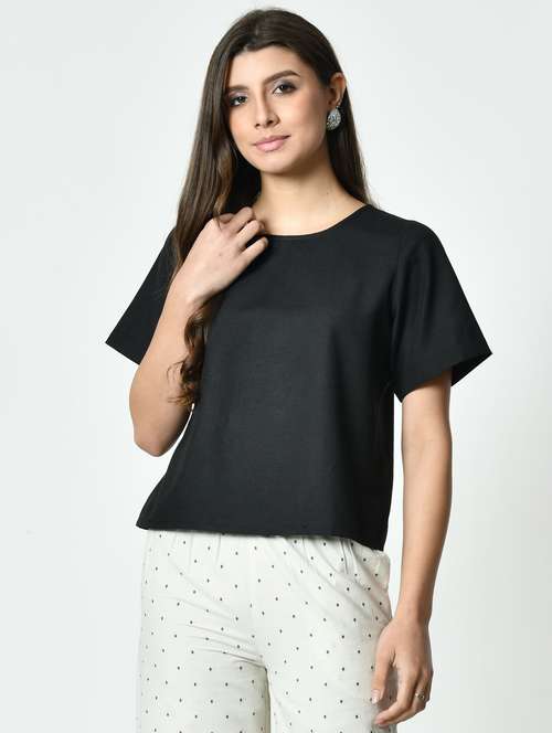 women black solid short sleeve regular top - 21976382 - Standard Image - 0