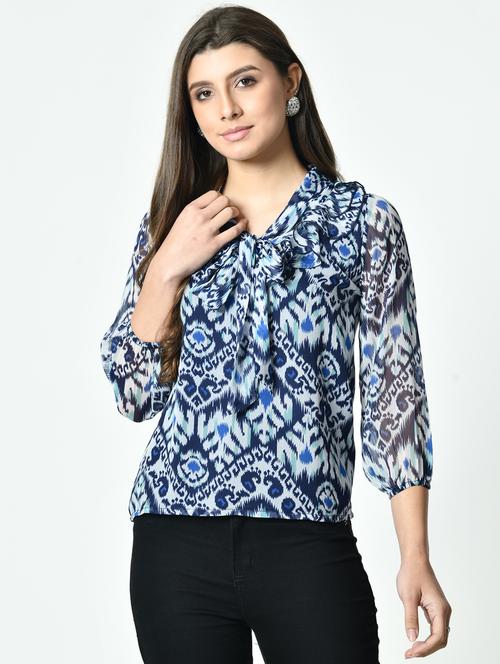 women blue printed tie up neck regular top - 21976383 - Standard Image - 0