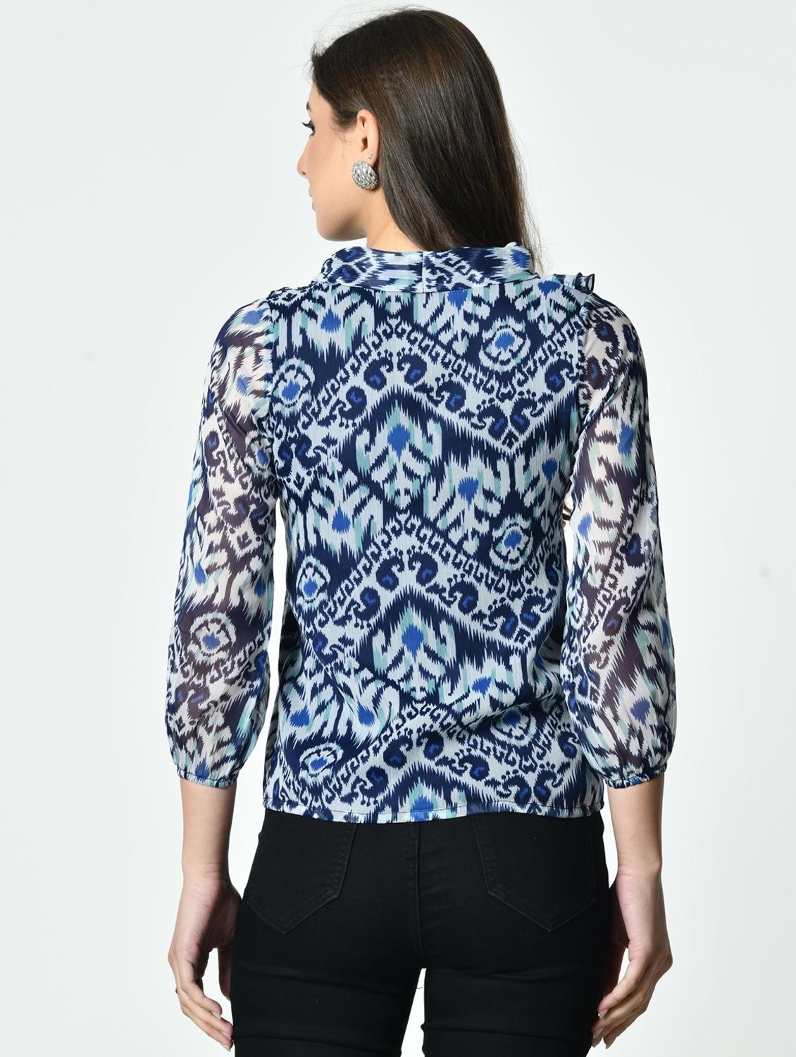 women blue printed tie up neck regular top - 21976383 - Standard Image - 2