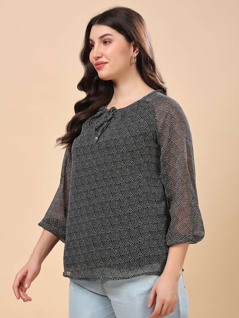 women black printed tie-up neck regular top - 21976599 - Standard Image - 2