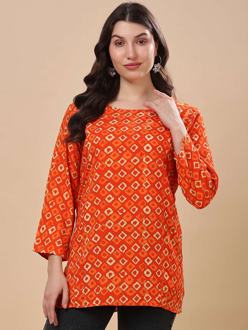women printed three quarter sleeve straight kurti