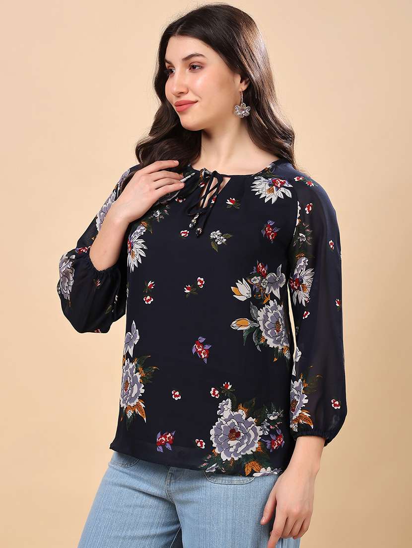 women floral print tie-up neck regular top - 21976609 - Standard Image - 2