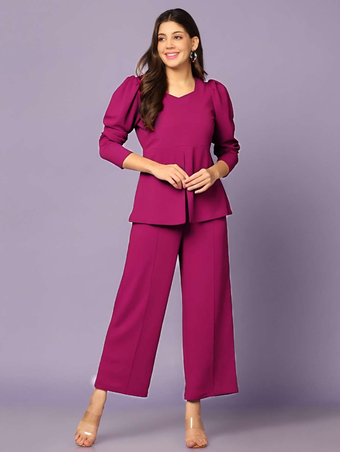 women solid long sleeve top and trouser set co-ord