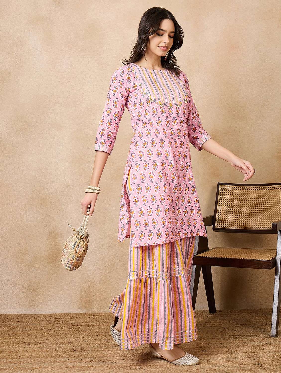 women three quarter sleeve kurta sharara set
