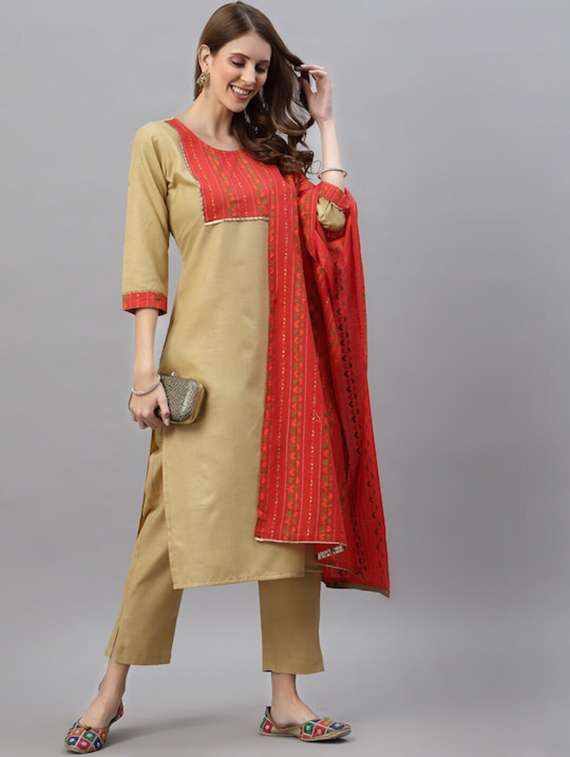 women three quarter sleeve kurta pant with dupatta set