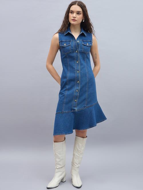 women solid sleeveless denim shirt dress - 21976941 - Standard Image - 0