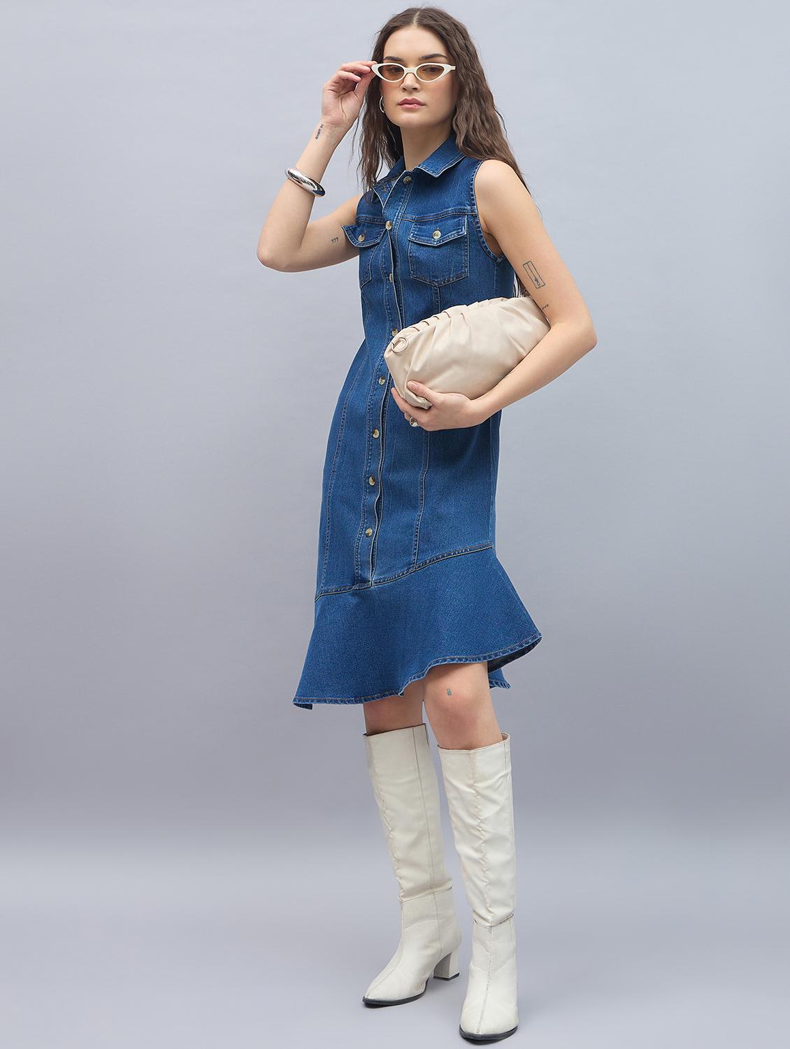 women solid sleeveless denim shirt dress - 21976941 - Standard Image - 2