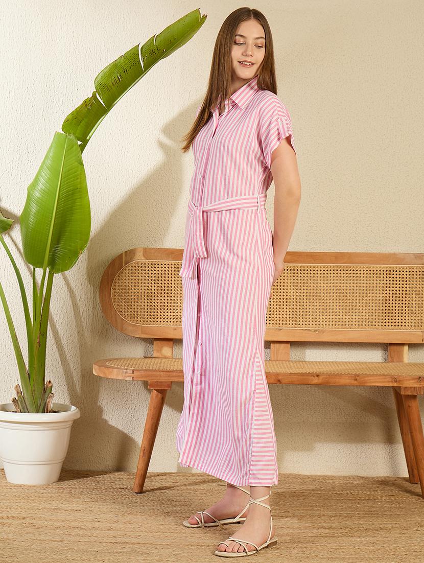 women striped collared short sleeve shirt dress - 21976942 - Standard Image - 2
