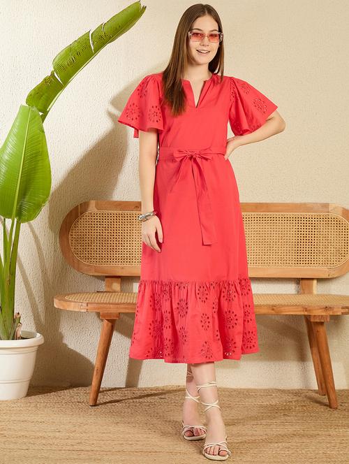 women solid flared sleeve tiered schiffli dress - 21976948 -  Standard Image - 0