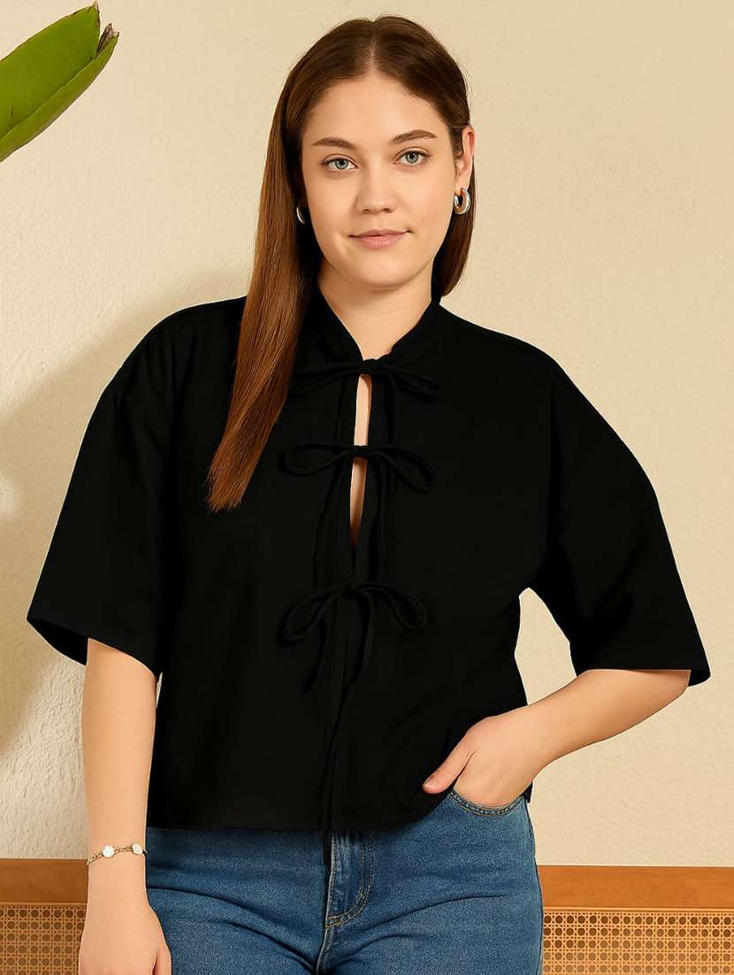 women black solid front tie up neck relaxed fit shirt - 21976958 -  Zoom Image - 0