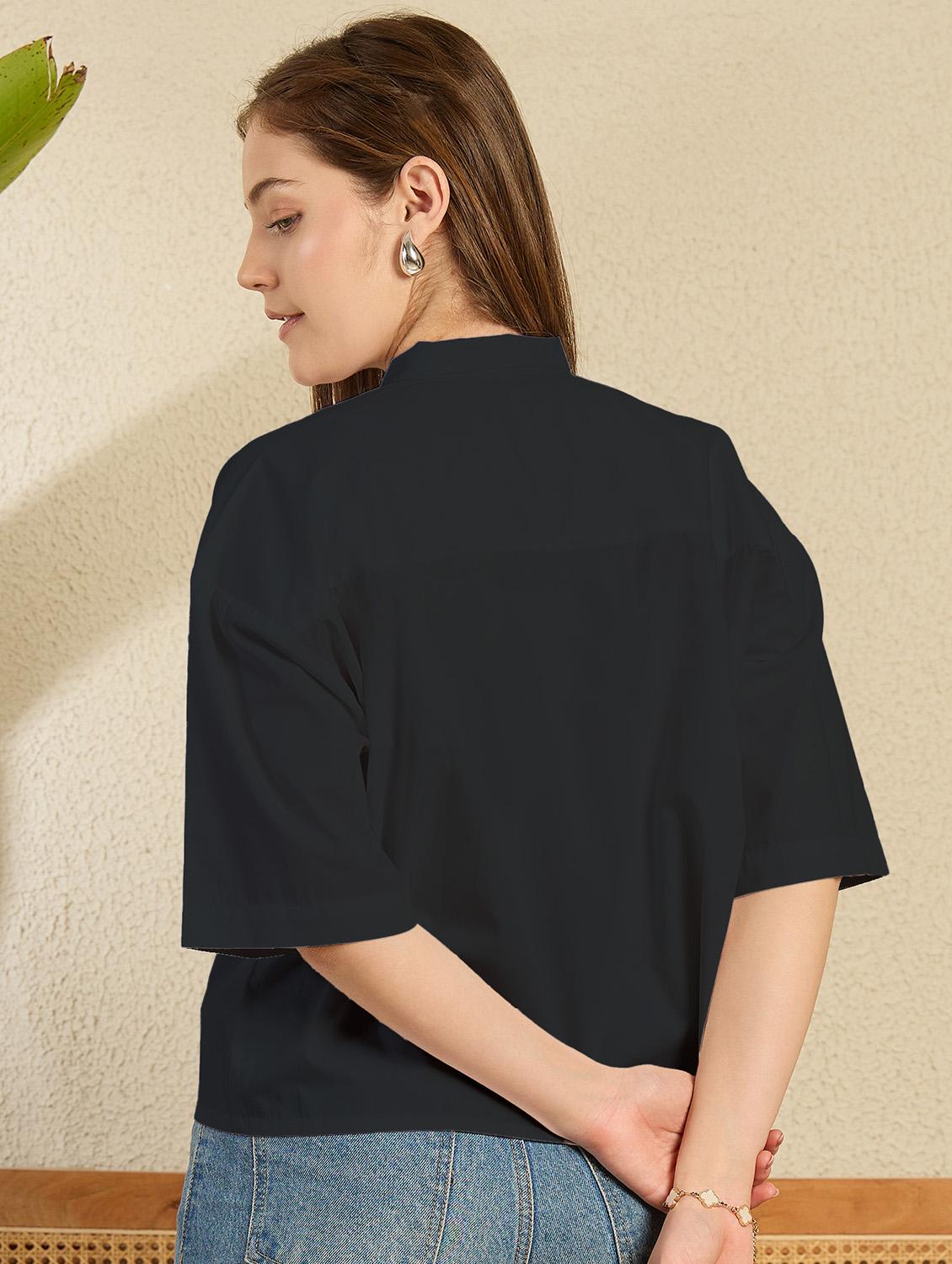 women black solid front tie up neck relaxed fit shirt - 21976958 - Standard Image - 2