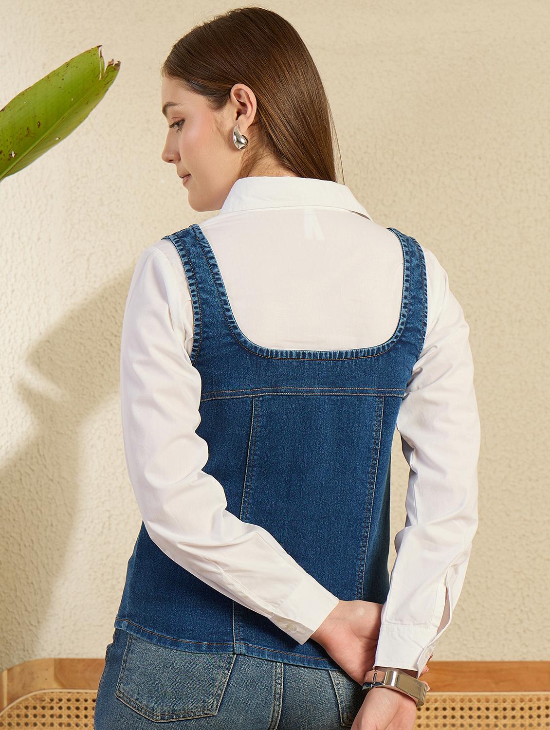 women solid sleeveless denim corset top - 21976963 - Standard Image - 2